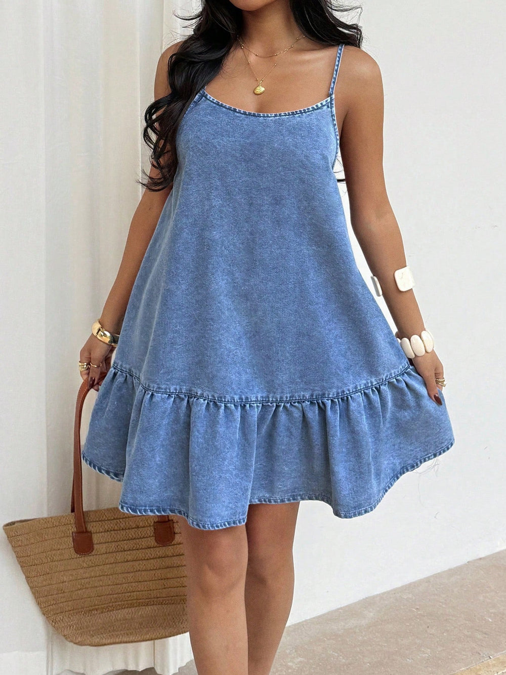 Casual Vacation Ruffled Summer Women Denim One Piece Dress