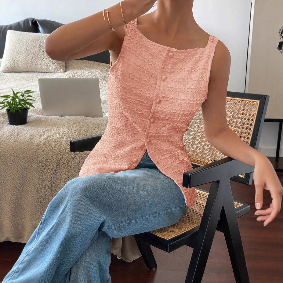 Elegant Single Breasted round Neck Sleeveless Slim Vest Solid Color Women Top