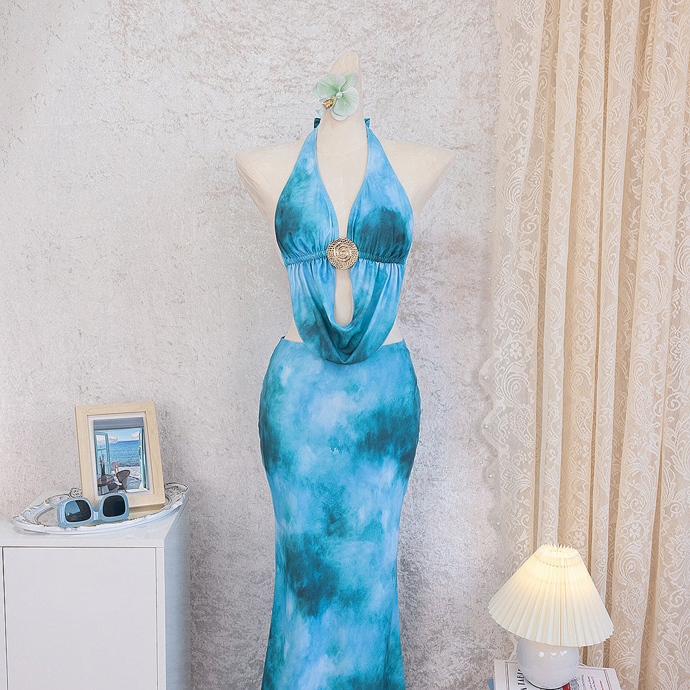 Swimwear Sexy Beach Dress Long Halter Backless Tie Dye Swimsuit