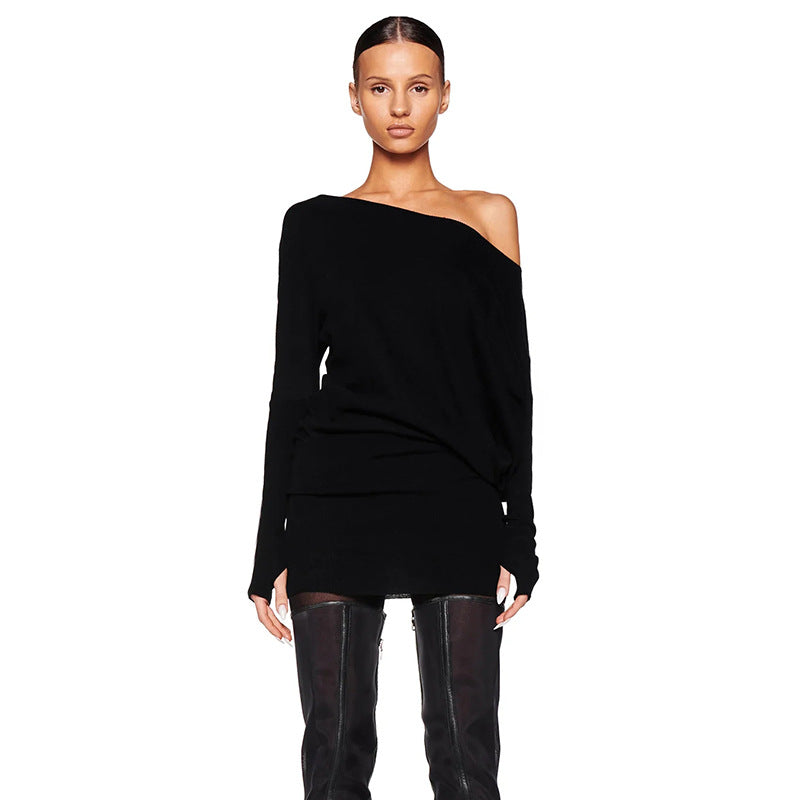 Women Clothing Autumn Personalized One Shoulder Cold Shoulder Long Sleeve Faux Two Piece Waist Slimming Hip