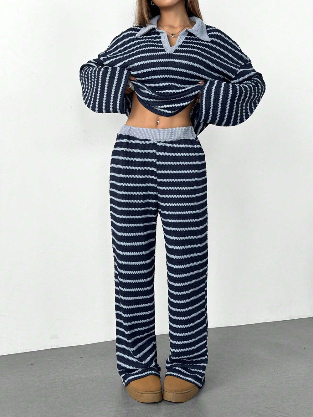Striped Knitted Contrast Color Lapels V neck Long Sleeved Top Casual Two Piece Sets