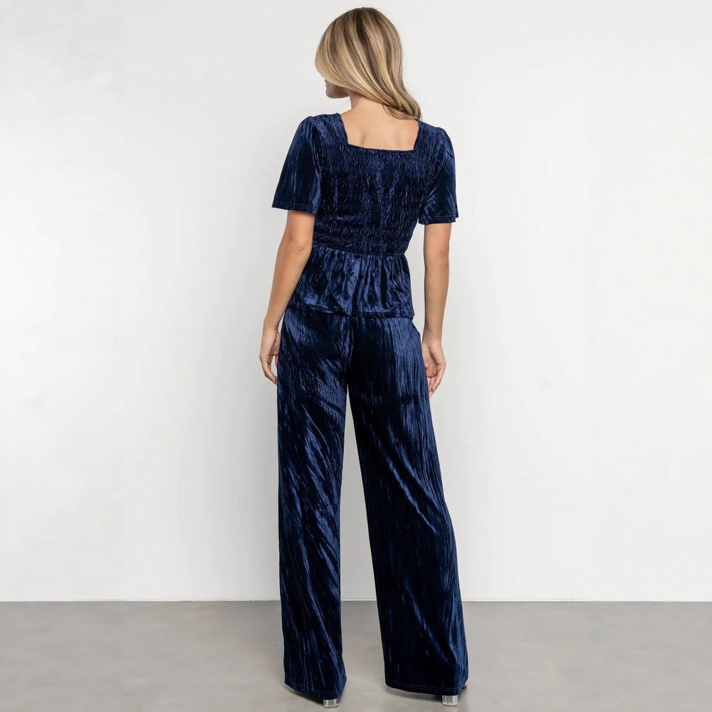Velvet Women Solid Color Pleated Slim Casual Short Sleeved T shirt Pants Wide Leg Two Piece Set