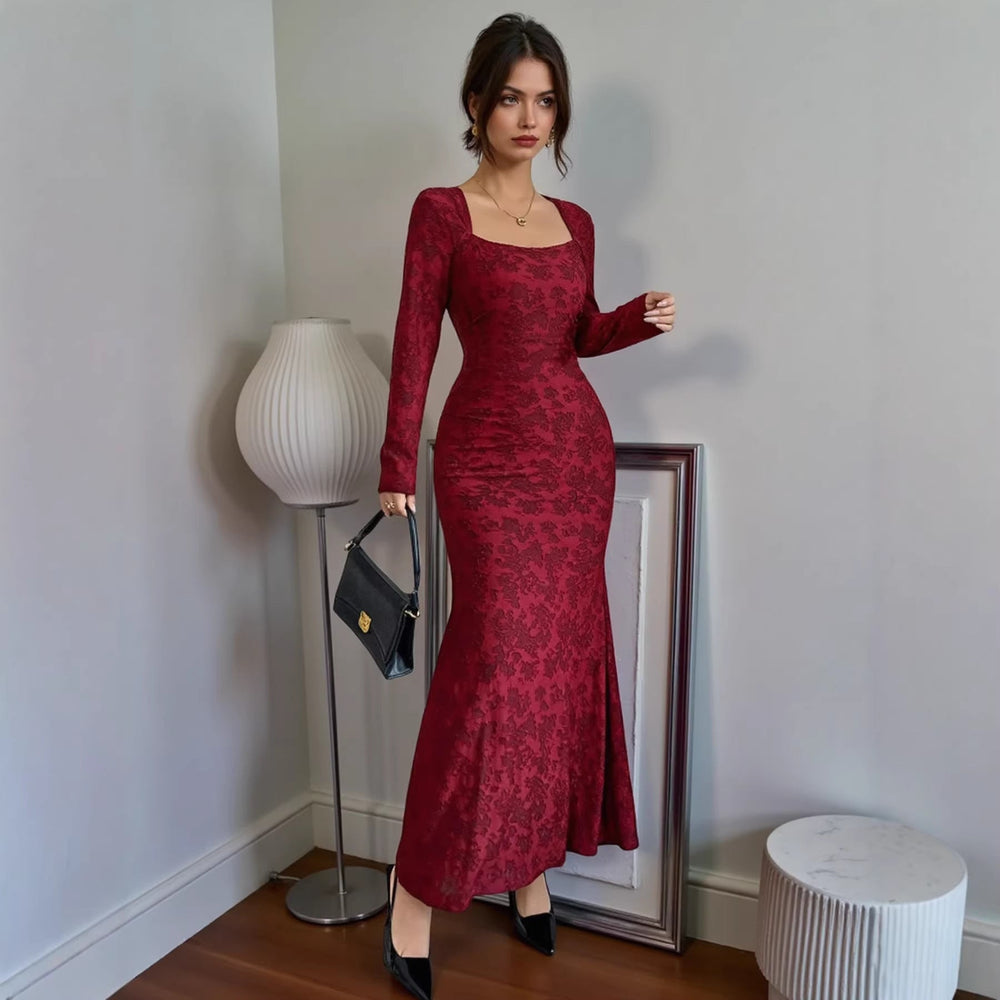 Spring Dress Elegant Slim Fit Square Collar Lace Long Sleeve Dress