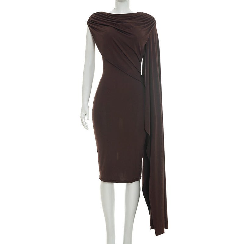Women Clothing Summer Solid Color Casual Shawl Sleeveless Irregular Asymmetric Swing Collar Slim Dress
