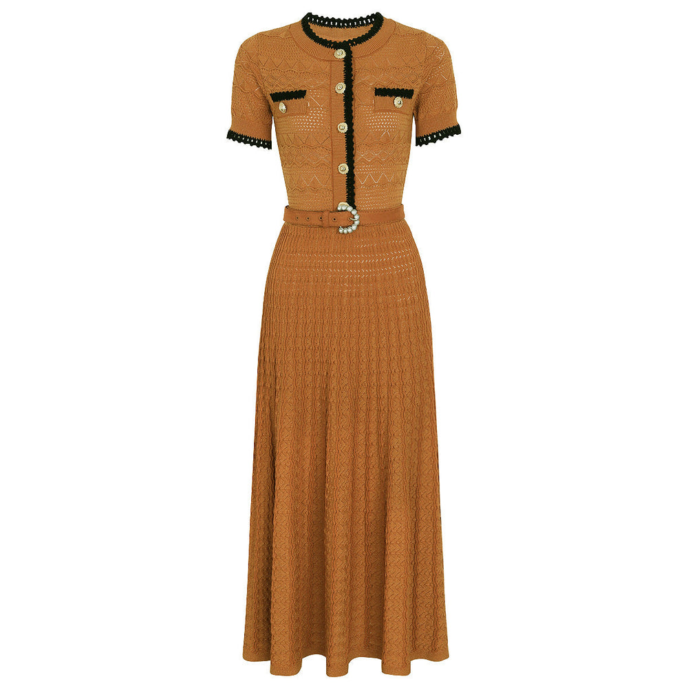 Summer Ladies Internet Popular Slim Fitting Figure Flattering Belt Short Sleeve Long Pattern Dress Women
