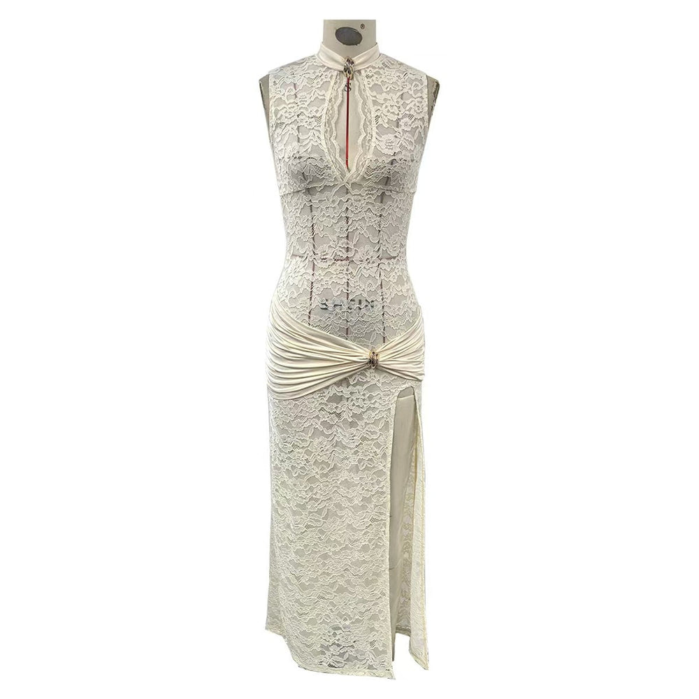Arrival Sexy Lace Hollow Out Cutout High Slit Slim Sleeveless Dress Women
