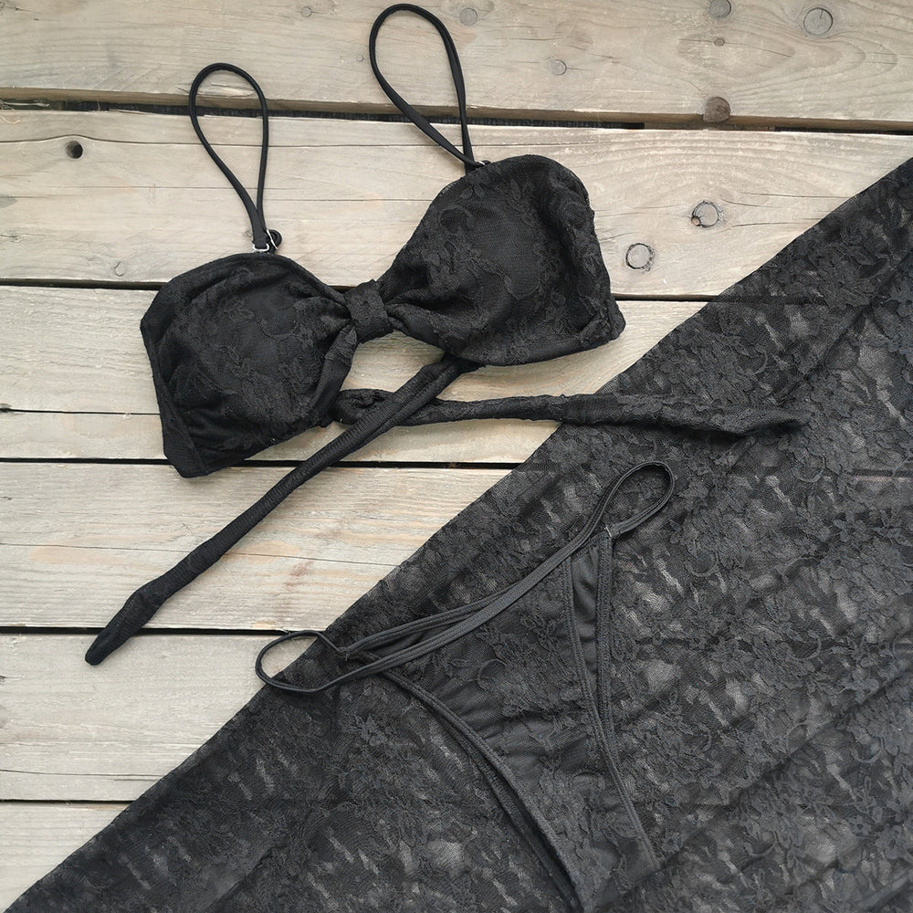 Pure Black Triangle Banded Bikini Low Waist Split Swimsuit Women Sexy Skirt Three Piece Sets