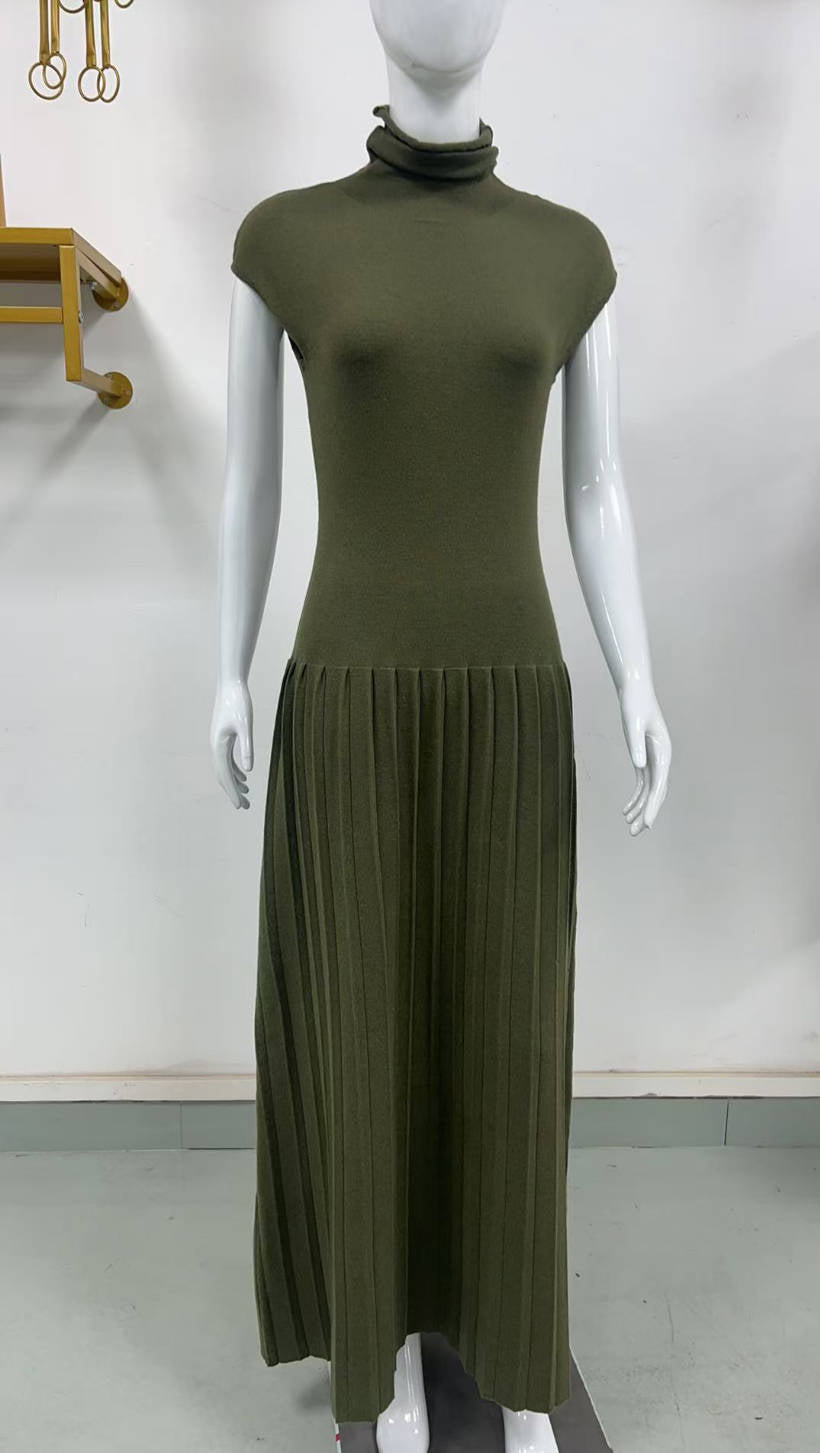 Knitted Dress Casual Waist Tight High Neck Ribbing Pleated Slim Knitted Dress Women