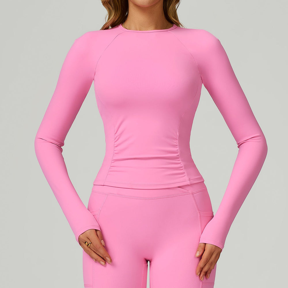Sollinarry Nude Feel round Neck Yoga Long Sleeve Slim Fitting Belly Contracting High Sense Sports Top Outdoor Running Fitness Clothes