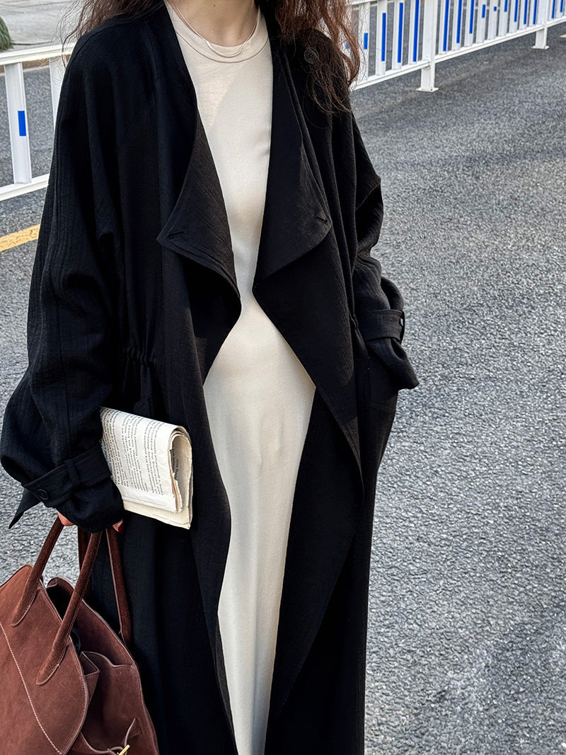 Chinese National below the Knee Trench Coat Women Mid Length Spring Drawstring Cotton Linen Coat
