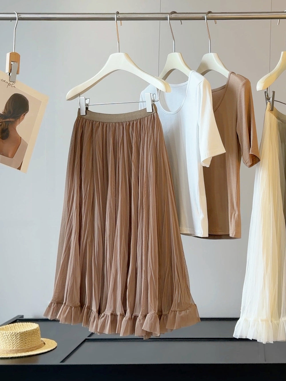 French Pleated Mesh Skirt Women Summer Wide Hem Loose High Waist Slimming Mid Length Yarn Skirt