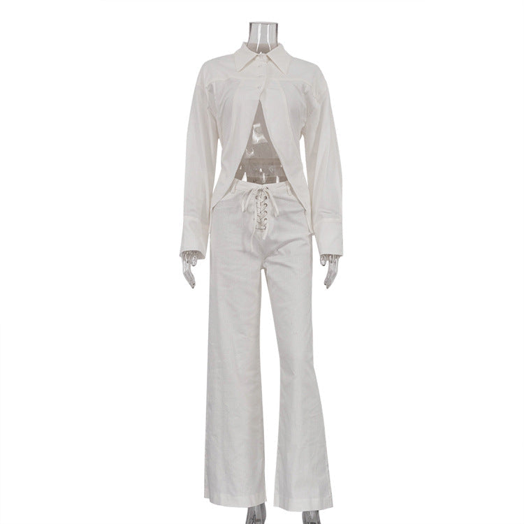 Women Collared Long Sleeves Cropped Design White Shirt Hollow Out Cutout out Tied Wide Leg Pants Two Piece Set