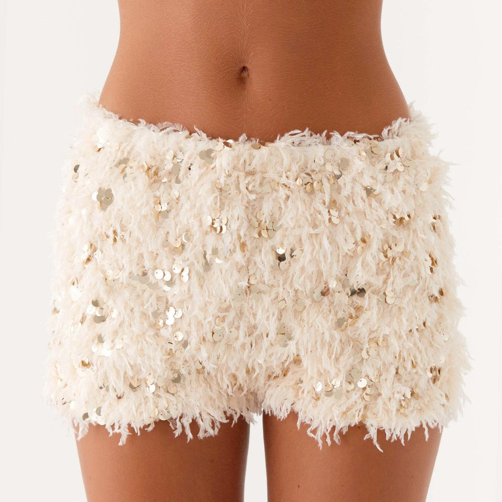 Summer Women Solid Color Slim Fit Furry Sequ Sequ Sexy Low Waisted Shorts