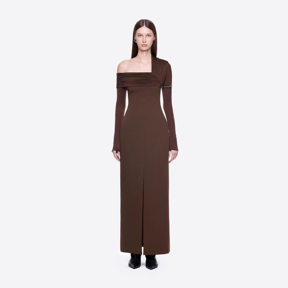 Spring Dark Brown One Shoulder Dress Pleated High Slit Maxi Dress the Dinner Party Host