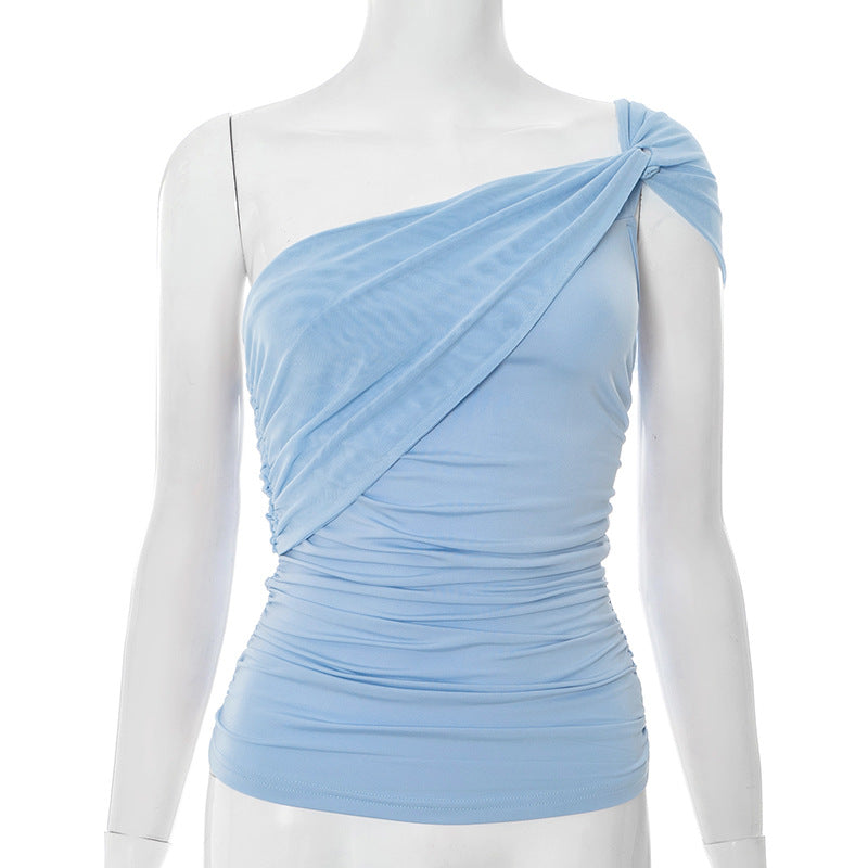 Women Clothing Summer Elegant Oblique Shoulder Twisted Mesh Stitching Tube Top
