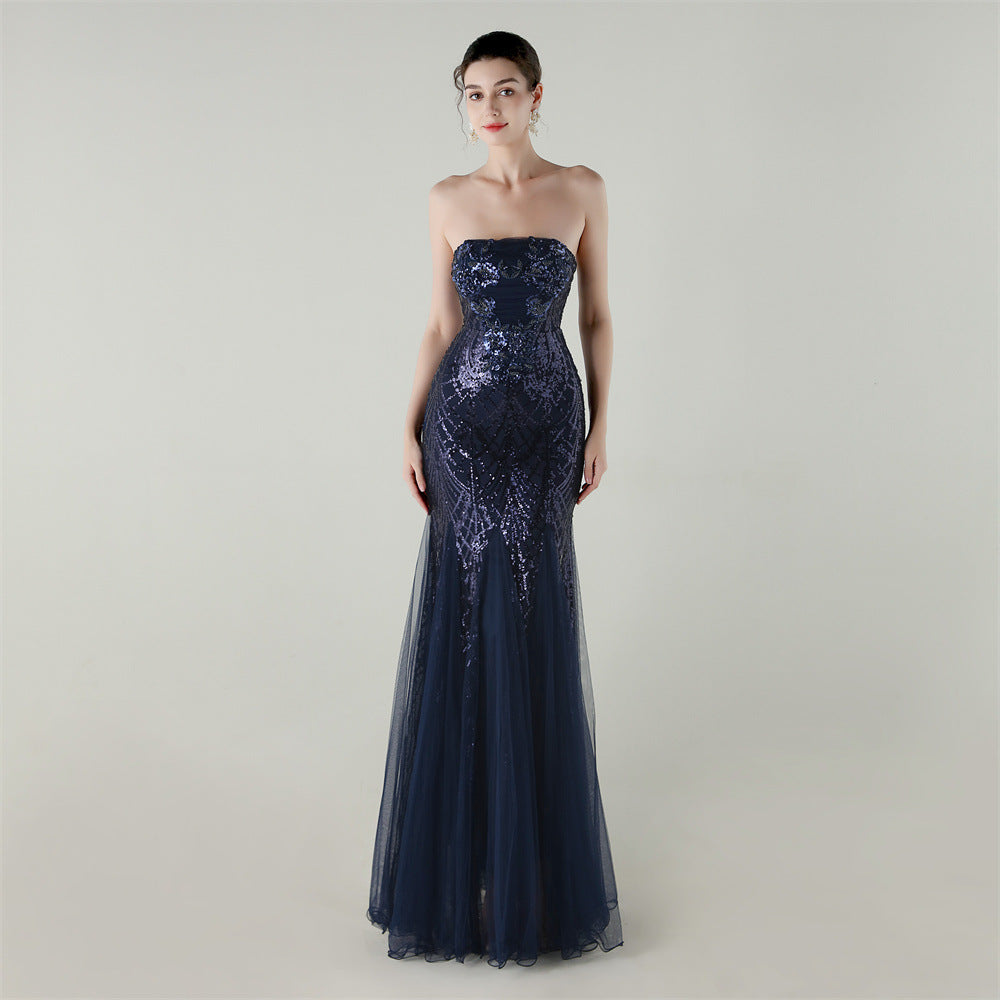 Tube Top Cross Strap Beaded Tube Floral Sequin Mesh Evening Dress Cocktail Wedding Social Elegant Clothing