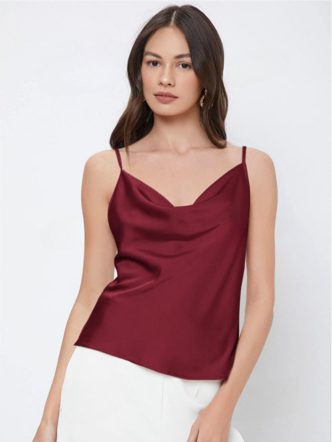 Inner Wear Silk like Satin Camisole Women Pile Collar Outer Wear Sexy Bottoming Swing Collar Short Top