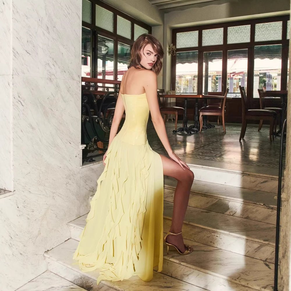 French Tight Waist Yellow Tube Top Dress Holiday Backless Summer Ruffles Women Clothing Tight Waist