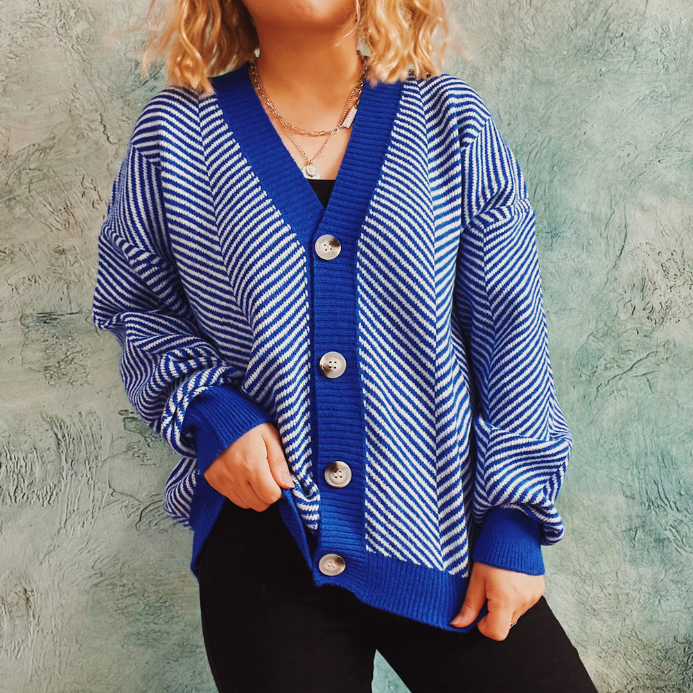 Autumn Winter Casual Contrast Color Diagonal Stripe Single Breasted V neck Long Sleeve Sweater Cardigan Coat Women