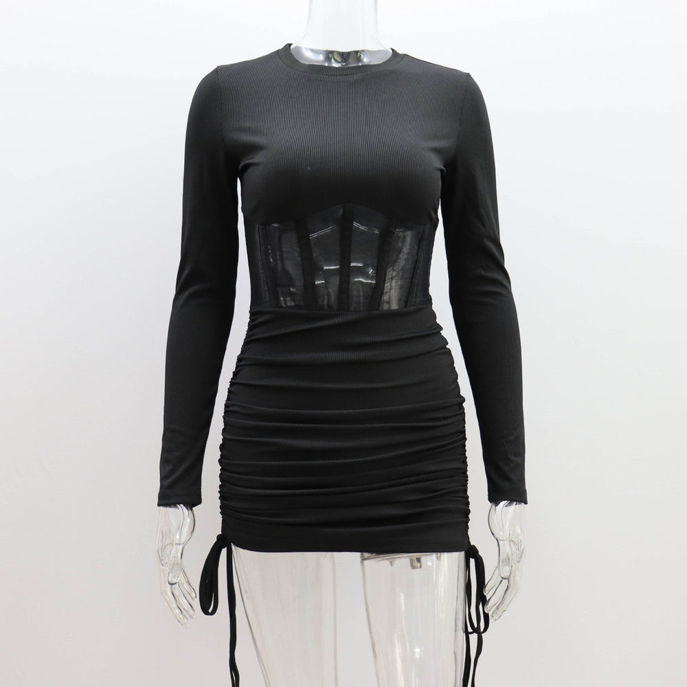 Mesh Hollow Out Cutout Waist Dress for Women Spring Summer Women Wear round Neck Sexy Long Sleeve Pleating Short Dress for Women