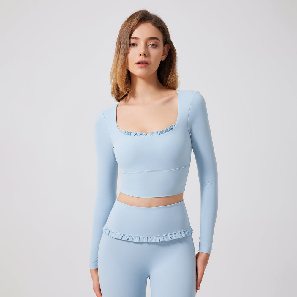 Autumn Winter Nude Feel Lace Yoga Clothes Long Sleeve Semi Fixed Cup Running Slim Sports Bra Breathable Workout Clothes Top