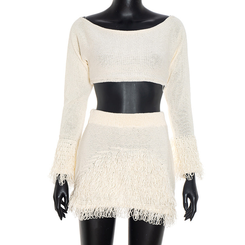 Women Clothing Autumn Sexy Long Sleeve Slim Fit Skirt Woolen Two Piece Sets