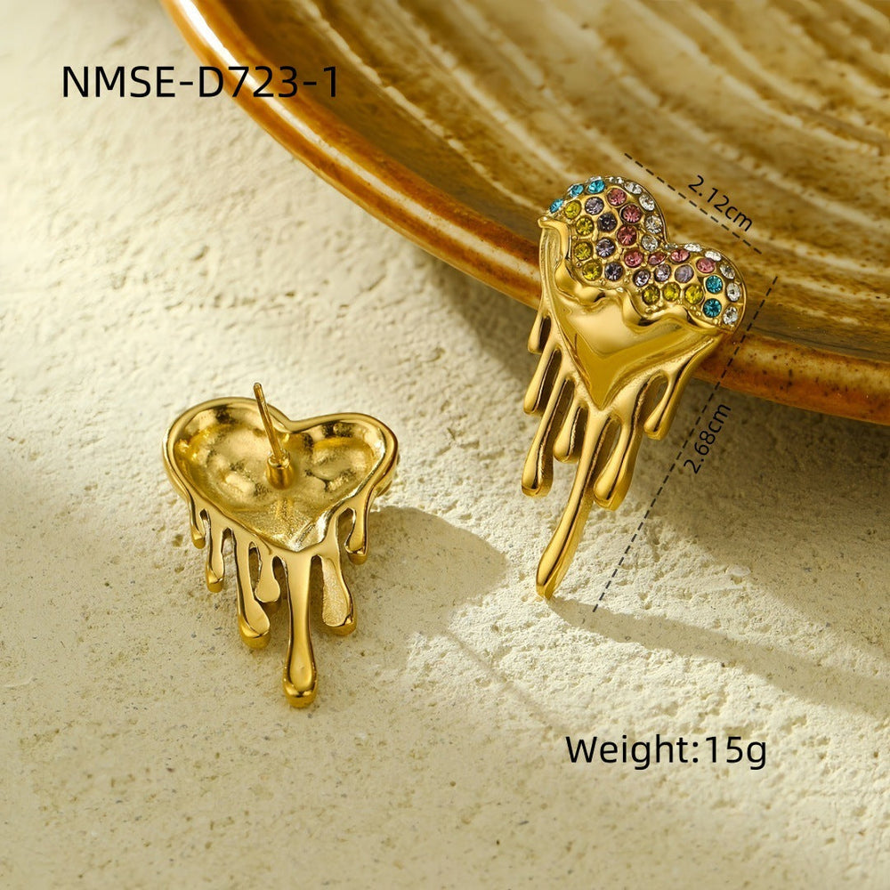 Lava Heart Water Drops Titanium Steel Earrings Affordable Luxury High Sense Colorful Crystals Stainless Steel Studs
