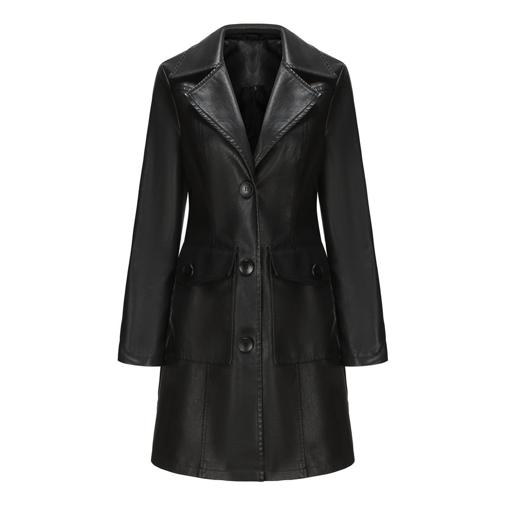 Long Leather Coat Spring Autumn Long Sleeve Leather Wind Coat British Coat Women Collared Single Breasted