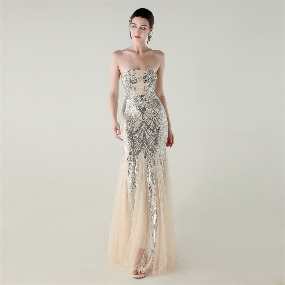 Mesh Heavy Industry Beaded Tube Floral Evening Dress Tube Top Fishtail Dress Swing Cocktail Social Socialite