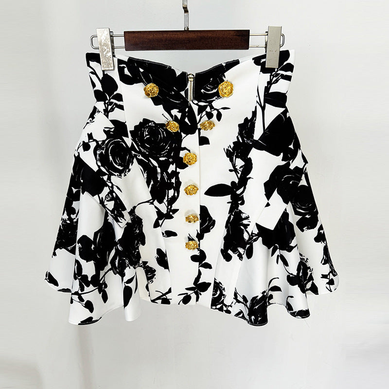 Star Tulip Waistline Rose Metal Buckle Printed Short Skirt Skirt