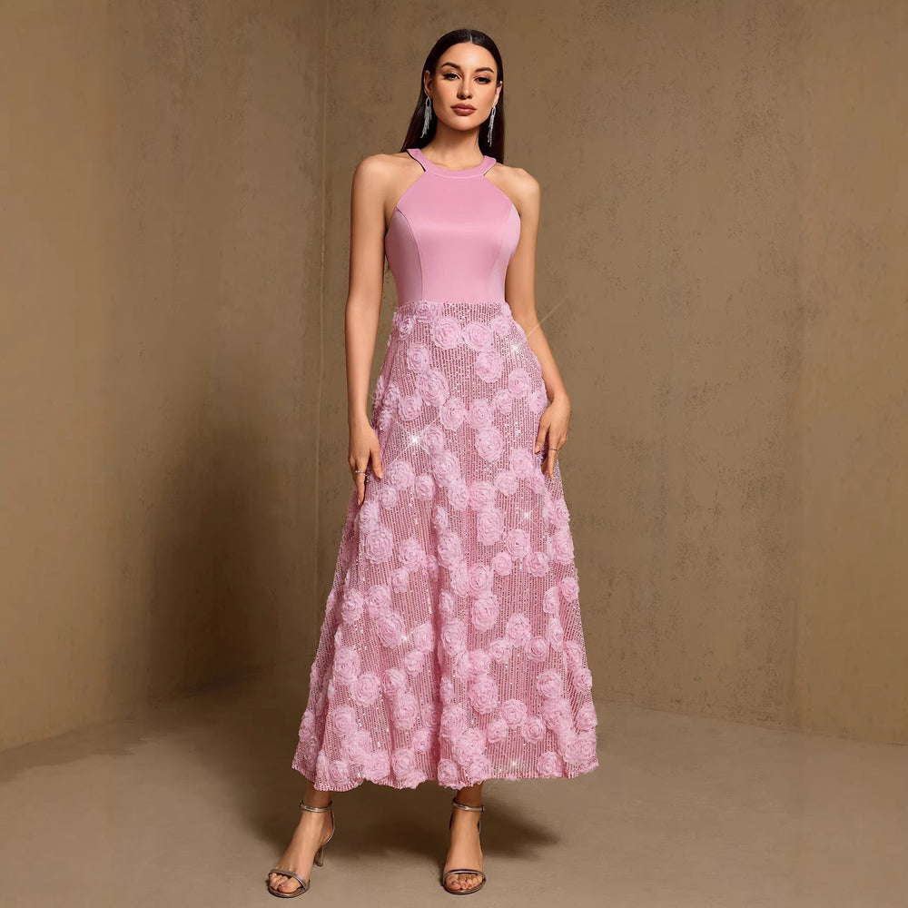 Spring Summer Halter Print Stitching Large Hem Fully Lined Evening Dress Party Dress