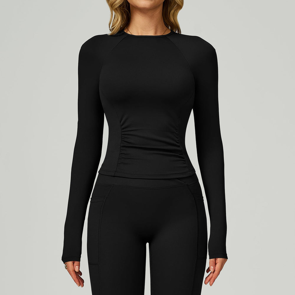 Sollinarry Nude Feel round Neck Yoga Long Sleeve Slim Fitting Belly Contracting High Sense Sports Top Outdoor Running Fitness Clothes