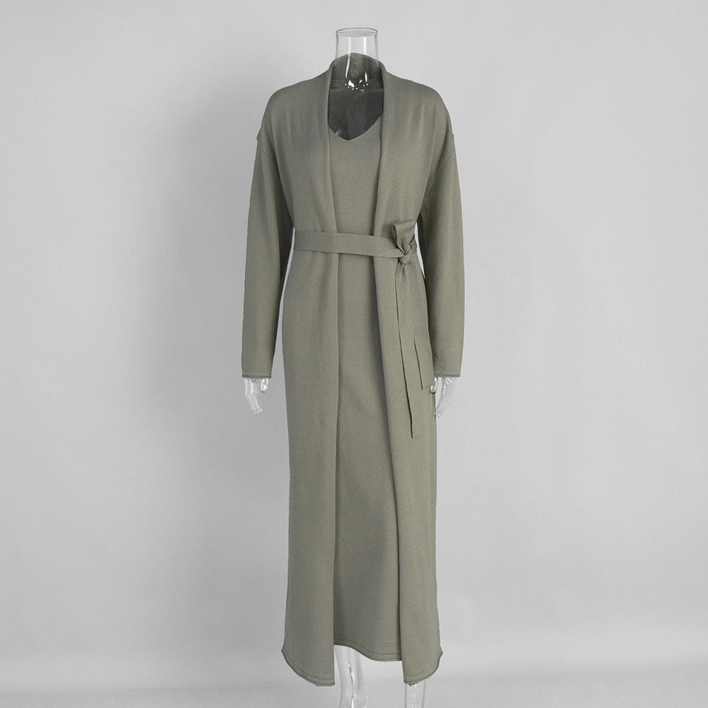 Women Knitted Long Sleeve Cardigan Sling Dress Set Autumn Soft Blouse