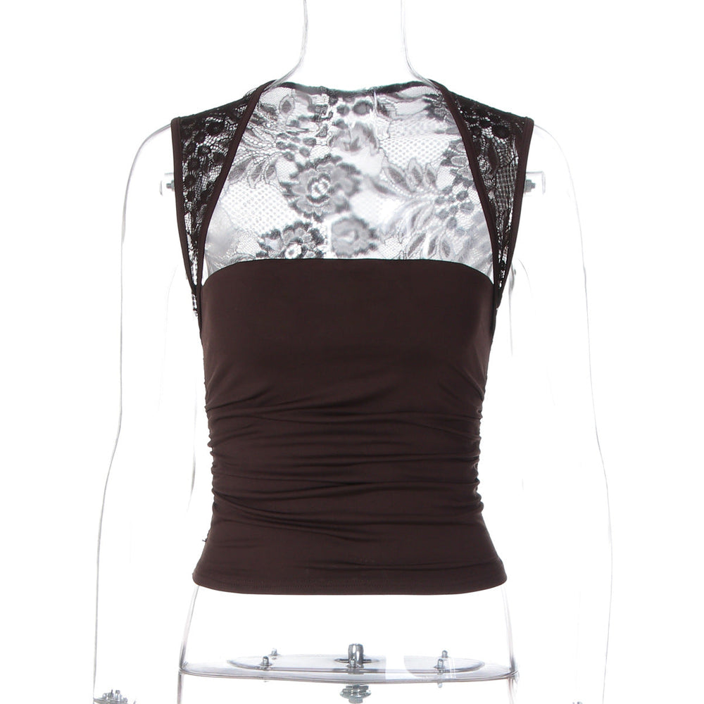 Summer Women Clothing Solid Color Sleeveless Square Collar Sexy Lace Stitching Slim Vest Top Women