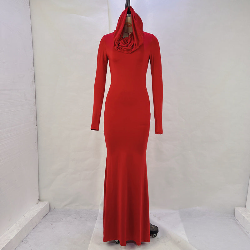 Women Clothing Autumn Solid Color Slim Fit Hood Long Sleeve Dress