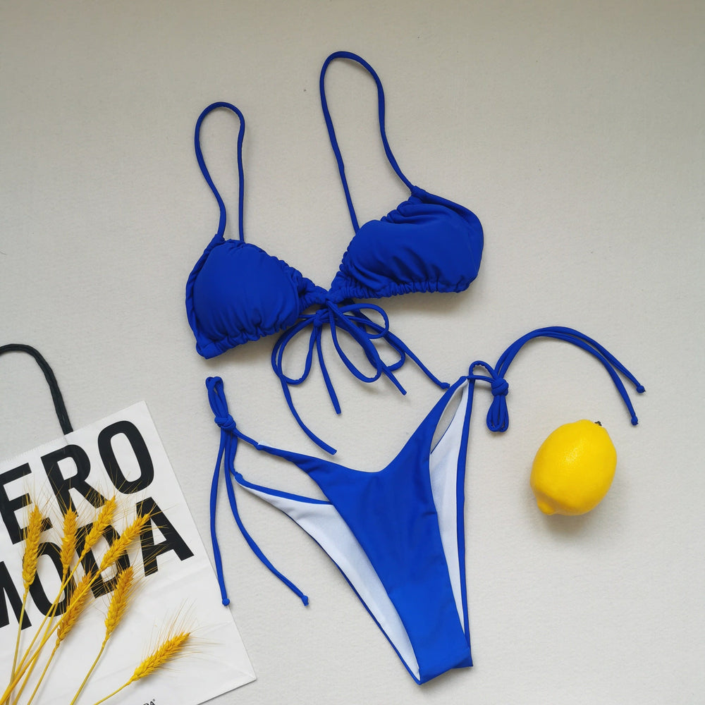 Sling Bandage Swimsuit Women Pleated Push up Drawstring Sexy Solid Color Bikini Swimsuit