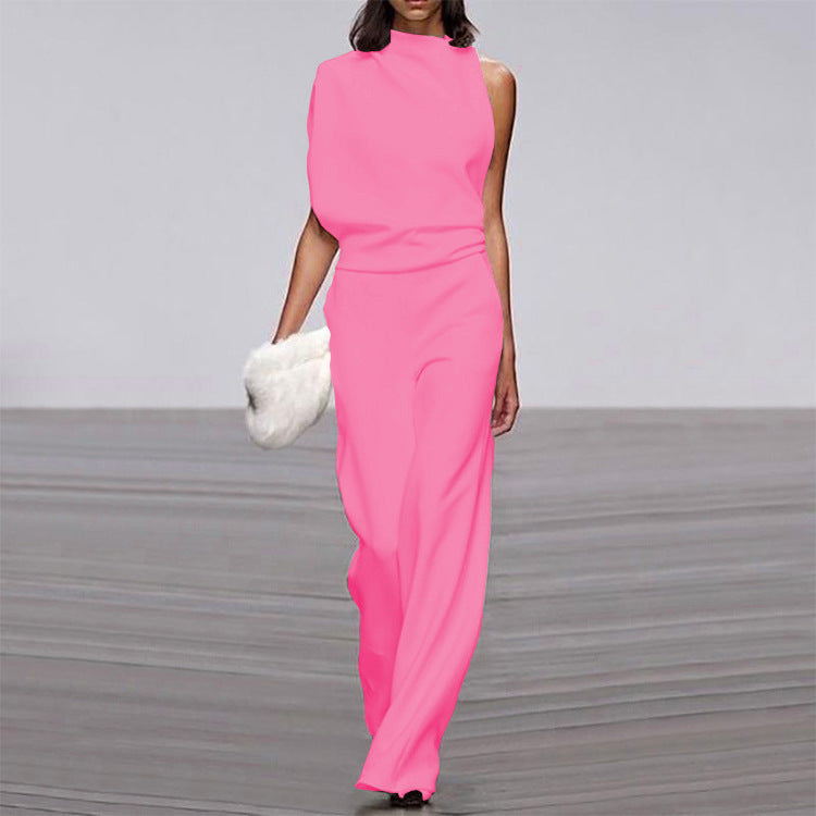 Women Pants Solid Color One Shoulder Pile Collar Jumpsuit Popular Dress Trousers