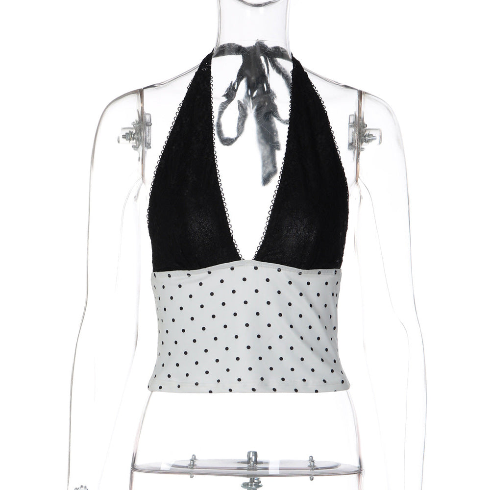 French Contrast Color V neck Halter Vest Summer Polka Dot Sexy Lace up Top