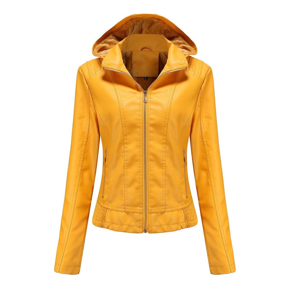 Fall Winter Hooded Leather Coat Women's Detachable Hat Long Sleeve Zipper Fleece-Lined Leather Jacket Slim Coat