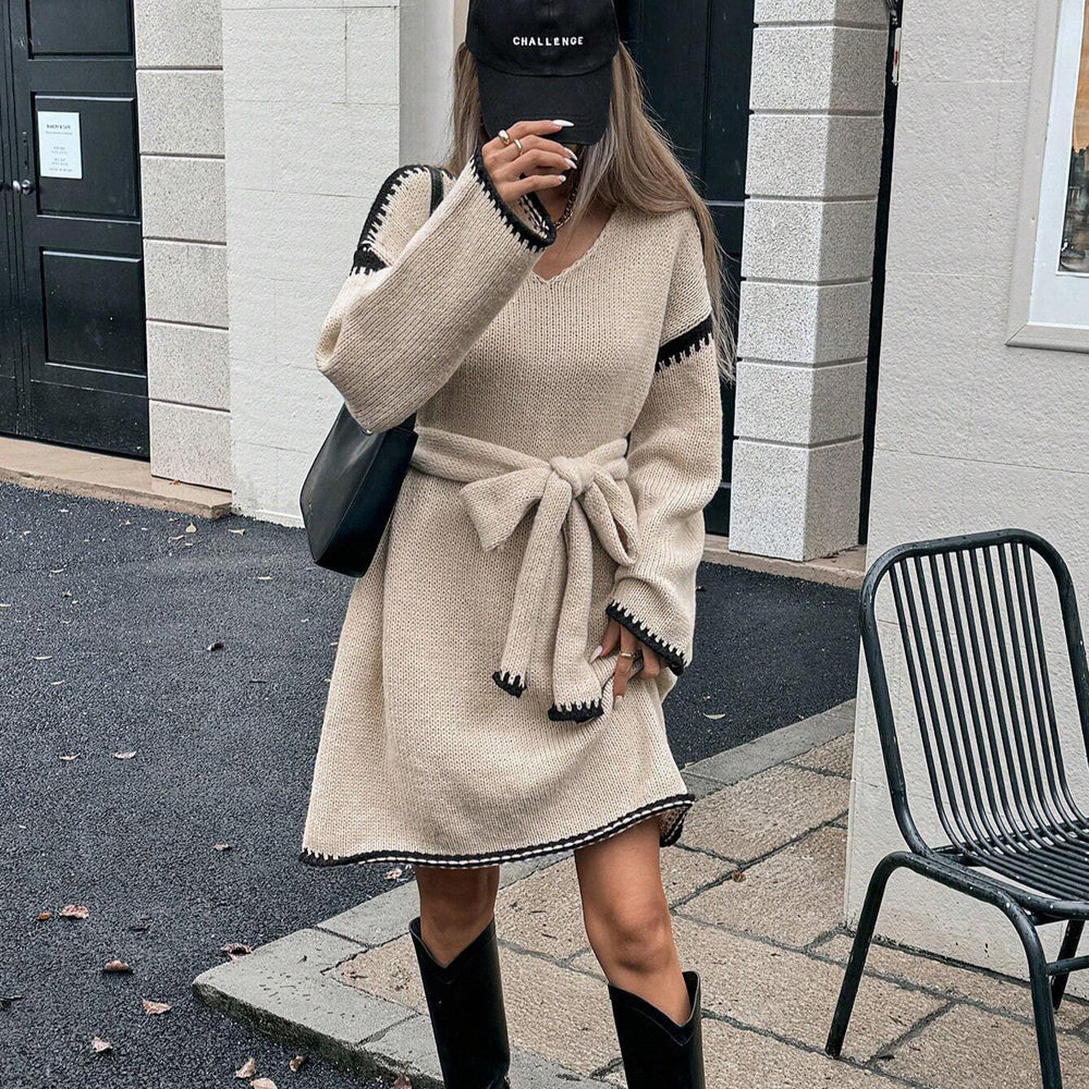Idle Tie Waist Trimming Loose Knitted V neck Long Sleeve Fall Mid Length Dress Women