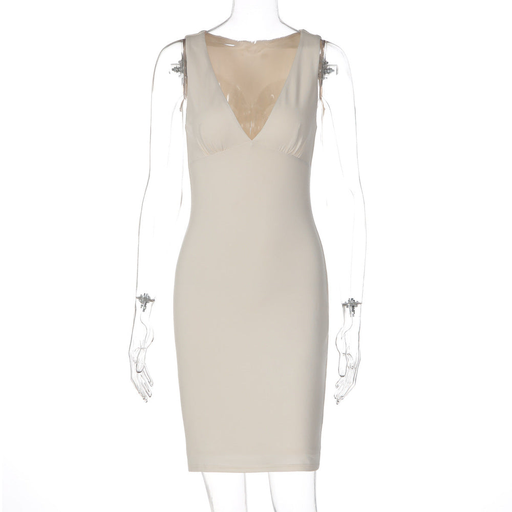 Women Clothing Summer Sexy Low Cut Deep V Plunge neck Simple Solid Color Waist Tight Slimming Hip Dress
