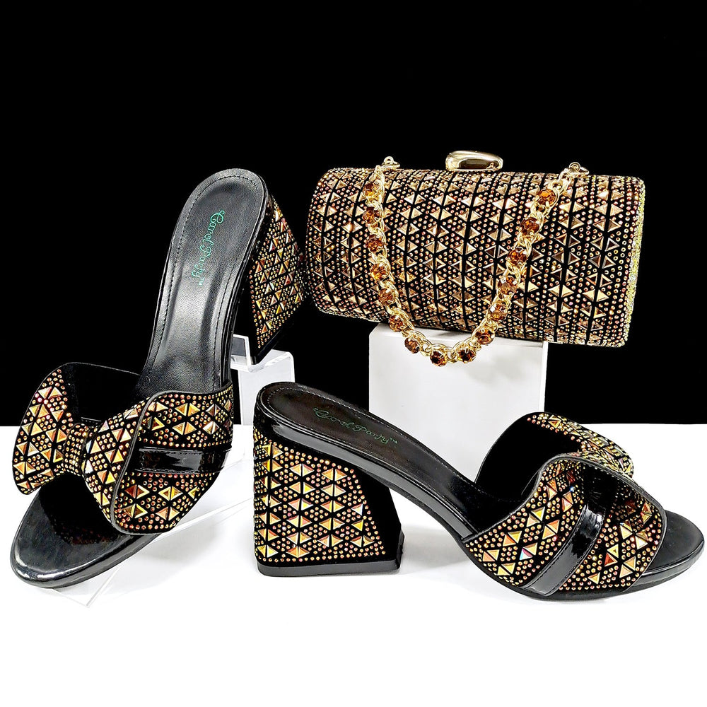 Women Shoes Bags Two Piece Sets Summer Mouth High Heel Slippers Color Matching Rhinestone Embellished Cylindrical Bag Casual