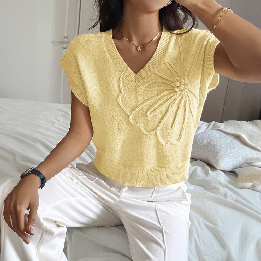 Women Clothing Autumn Winter Casual Vacation Deep V Plunge Neck Solid Color Sweater with Short Sleeves