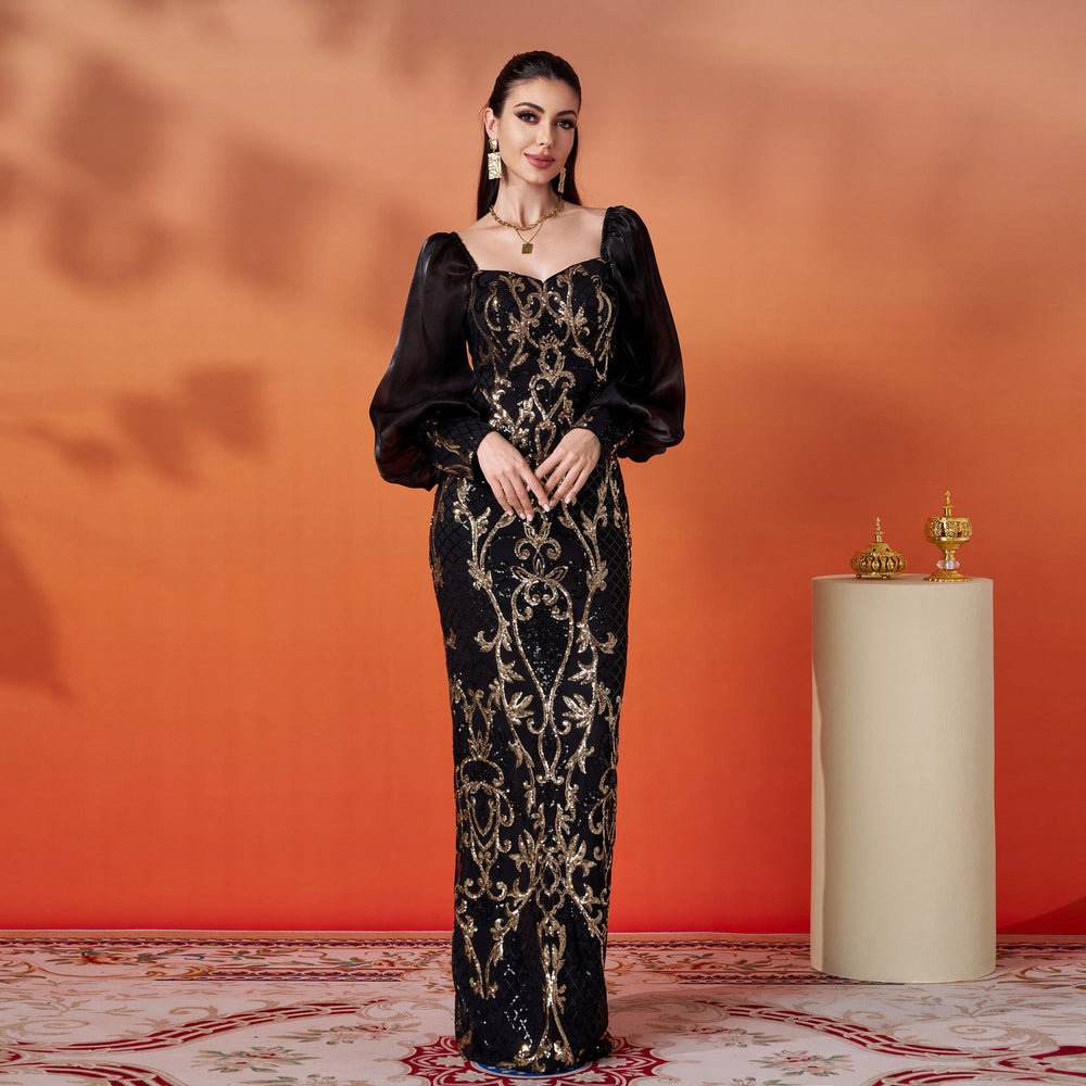 Women Senior Long Sleeve Square Neck Slim Fit Sheath Sequined Cocktail Evening Dress