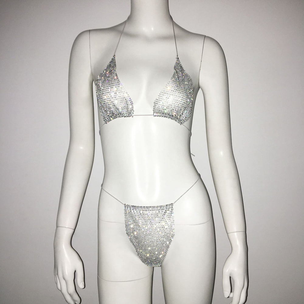 Women Clothing Rhinestone Bikini Set Carnival Sexy Lace Up Outdoor Beach Split Swimsuit