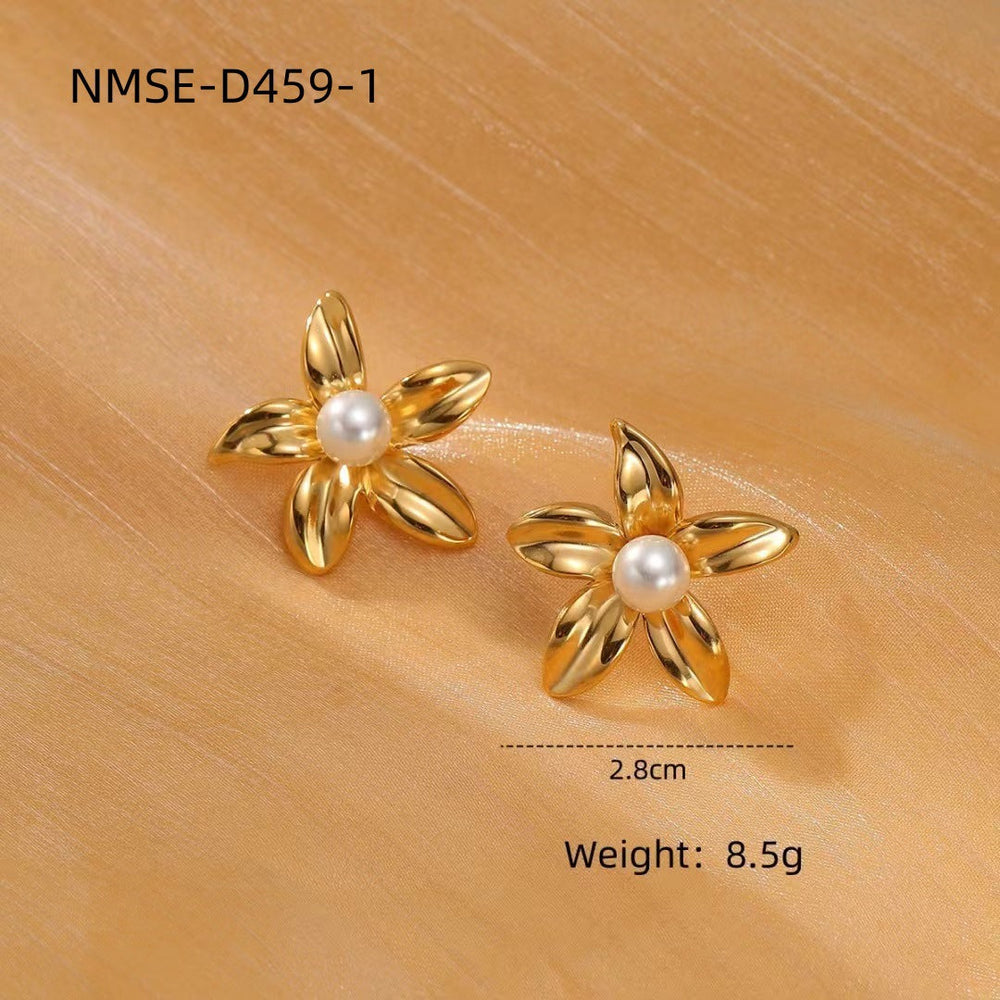 Light Luxury Titanium Steel Pearl Floral High Grade Earrings Simple Elegant Exaggerated Design Stainless Steel Studs