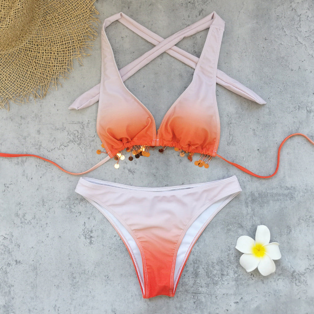 Gradient Strap Backless Sexy Bikini Sheath Skirt Set Split Swimsuit Women Bikini
