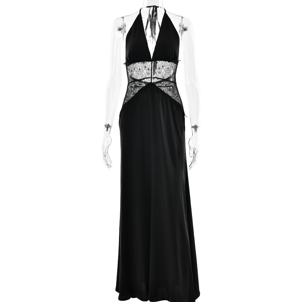Summer Elegant Deep V Plunge Silky Satin Dress Stitching Halter Waist Tight Sexy Dress