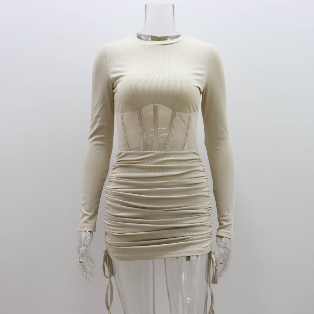 Mesh Hollow Out Cutout Waist Dress for Women Spring Summer Women Wear round Neck Sexy Long Sleeve Pleating Short Dress for Women