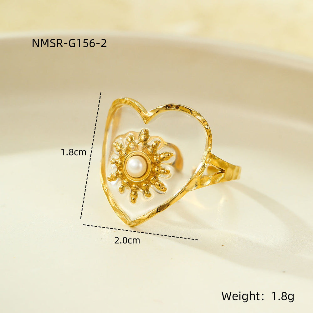 Retro Easy Matching High Grade Geometric Abstract Heart Shape Petals Natural Stone Stainless Steel Open Adjustable Ring